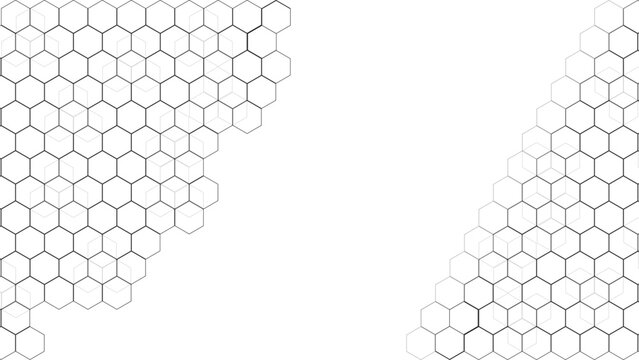 Minimalist white background with black and grey honeycomb hexagon grid pattern