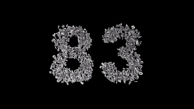 Number 83 Formed by Small Digits Animation with Alpha Channel. Typographic Number Formation Effect. Digital Number Made of Numbers. 3D Font Typographic Animation. Transparent BG