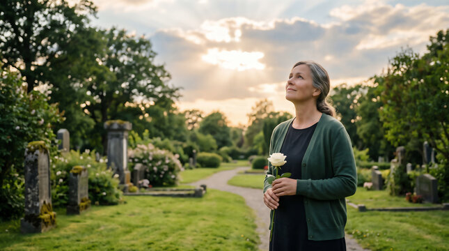 Serene senior woman holding white rose in a cemetery looking upwards