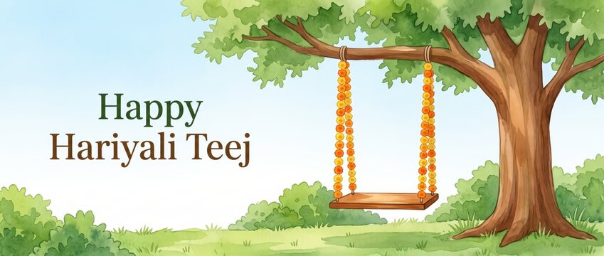 Happy Hariyali Teej greeting card illustration with swing on tree branch.