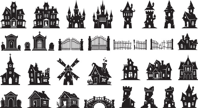 Spooky Halloween haunted house silhouettes and gothic castle building stencils vector illustration mega set isolated on white background.