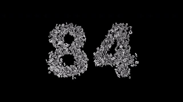 Number 84 Formed by Small Digits Animation with Alpha Channel. Typographic Number Formation Effect. Digital Number Made of Numbers. 3D Font Typographic Animation. Transparent BG