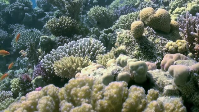 An underwater panorama reveals a magnificent coral ecosystem. Brilliant polyps form an intricate living tapestry.