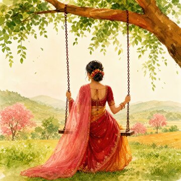 Hariyali teej festival card watercolor illustration with girl on swing.
