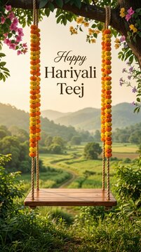 Happy hariyali teej celebration banner with decorated swing.