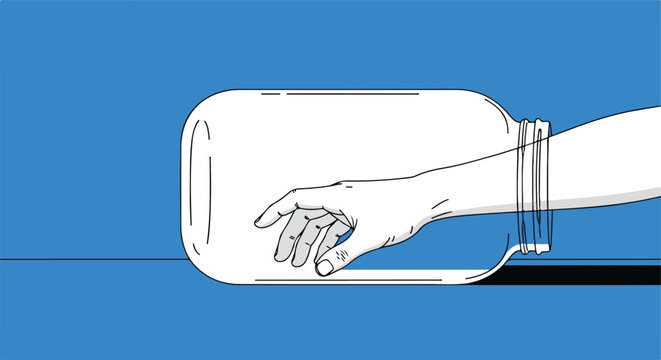 Hand reaching into a large, empty glass jar