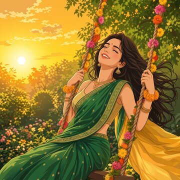 Hariyali Teej illustration with Indian bride enjoy swing.
