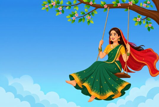 Hariyali teej banner illustration with girl on swing.