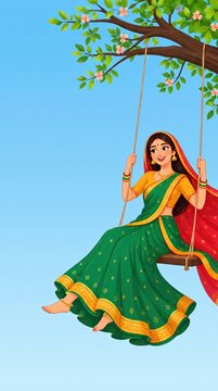 Hariyali teej card illustration with silhouette of girl on swing.