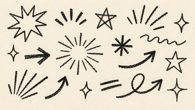 Crayon drawn attention symbols and doodle emphasis marks collection. Hand drawn sparkle bursts, comic rays, sketch highlight signs, manga starburst shapes and vector illustration