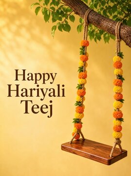 Decorated swing on a tree for Hariyali Teej celebration.