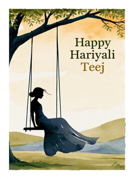 Happy Hariyali Teej greeting banner with silhouette of woman swinging on tree branch.