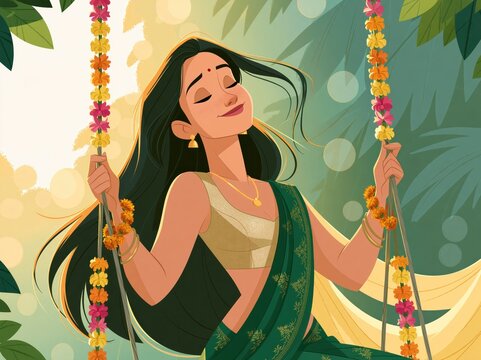 Hariyali Teej Banner Illustration with a Woman on Decorated Swing.
