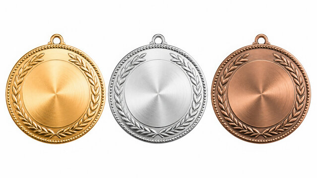 Gold silver and bronze blank winner medals set, isolated on transparent background