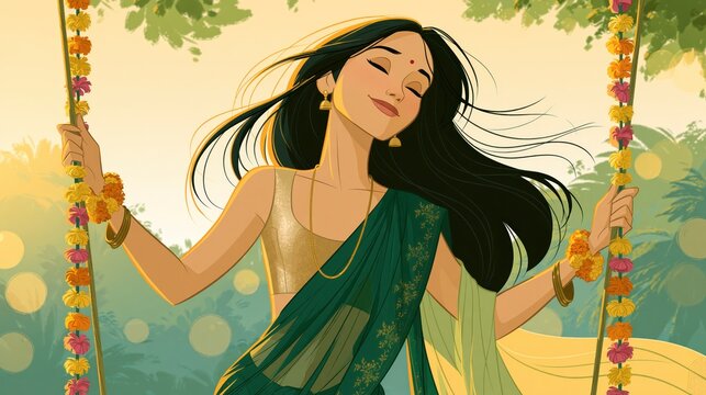Illustration of woman on swing celebrating hariyali teej.