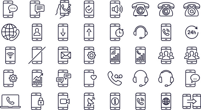 Telecommunication line array presenting smartphones landline receivers headsets messaging chat bubbles and global calling interface options