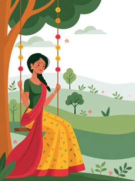 Hariyali teej festival card illustration with girl on swing.
