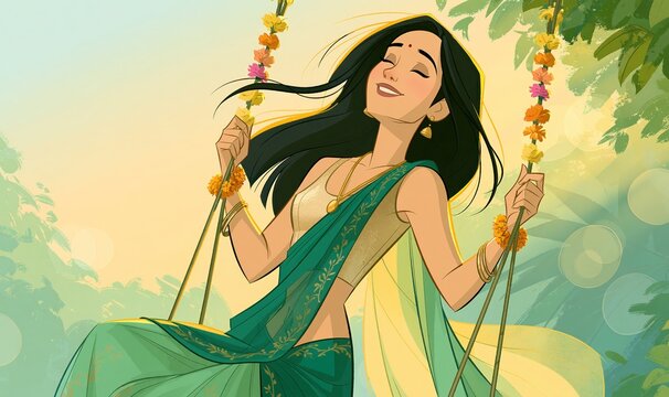 Hariyali teej festival card illustration with girl on swing.
