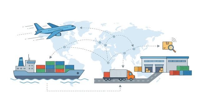 Global logistics and supply chain management with ship airplane and truck transport