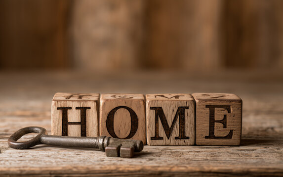 Wooden Blocks Spelling HOME Beside Vintage Key on Rustic Wooden Surface, Symbolizing Property Ownership and Security