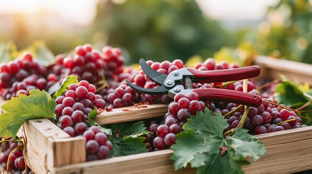 Pruning shears resting on a wooden crate filled with red grapes and vine leaves, illuminated by soft golden morning light