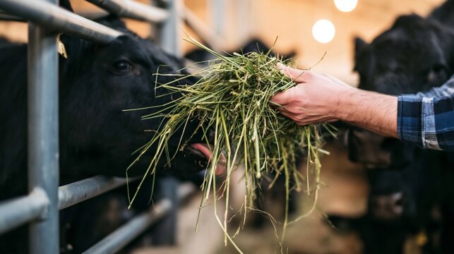 Close-up of farmworker's hand offering green hay to a black Angus cow through metal barn rails, with other cattle blurred in the background