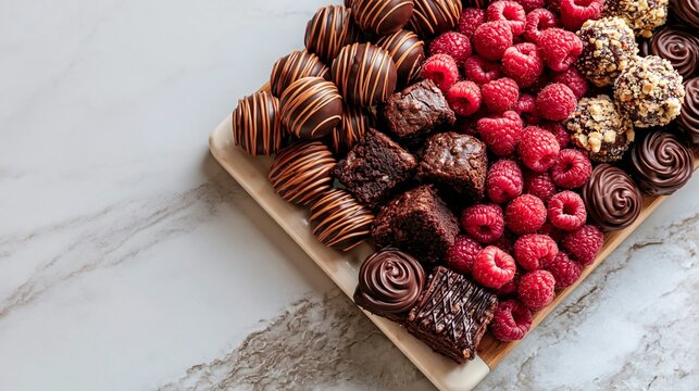 Lavish dessert grazing board featuring chocolate truffles, mini brownies, and fresh raspberries on a marble table with ample copy space