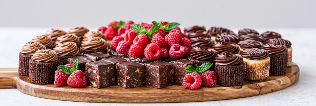 Abundant chocolate dessert board featuring fudge squares, mini cakes, and fresh raspberries arranged on a wooden platter with ample copy space