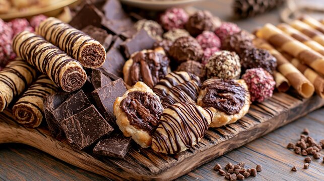 Overflowing chocolate dessert board featuring rolled wafer cookies, assorted truffles, and chocolate pastries on a rustic wooden platter
