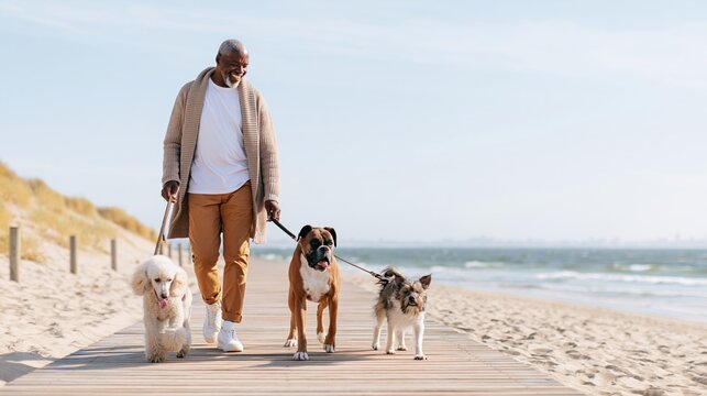 Senior Black man walking three dogs, a Poodle, Boxer, and mixed-breed, along a sandy beach boardwalk in bright daylight