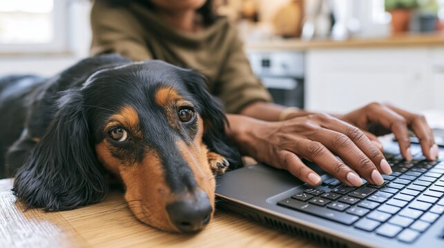 Dachshund resting on wooden desk beside young Black woman typing on laptop in bright kitchen-office setup with natural daylight