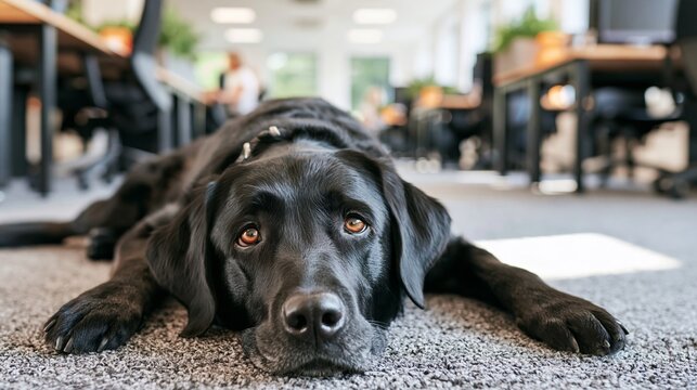 Black Labrador resting on carpeted office floor, low-angle close-up in a modern workspace with desks and chairs in the background