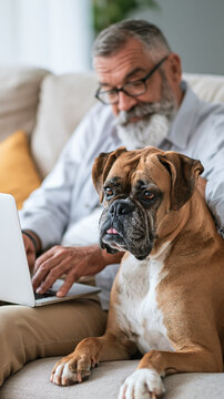 Boxer dog gazes affectionately at senior man working on laptop while seated on a cozy couch with soft lighting and warm decor