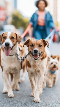 Two medium dogs and two small dogs walking on leashes with a blurred young Black female owner in an urban street setting