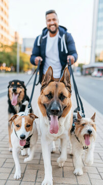 Young Hispanic male owner walks three dogs of different breeds on leashes along an urban boulevard in bright daylight with clean composition