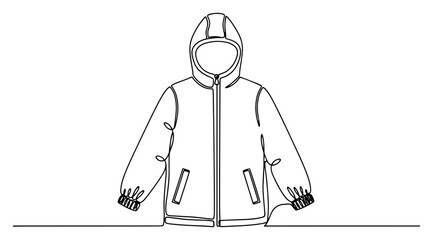 Hooded winter jacket continuous line drawing, warm outdoor coat and parka vector illustration in minimal one line art style, seasonal apparel clothing outline © ----WWWLINE----