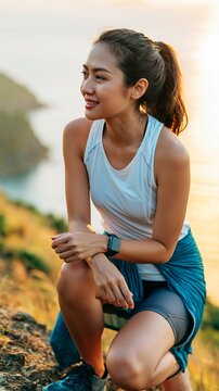 Young Asian woman in running gear pauses on a hillside trail overlooking a sunlit bay, enjoying a moment of relaxation during her fitness journey