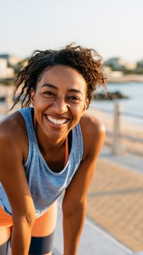 Young Black woman in colorful running gear pauses on beach promenade, smiling while catching breath with scenic coastal resort in background