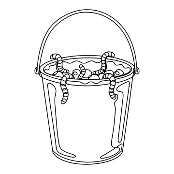 Fishing bait bucket with earthworms continuous line drawing, garden worms in metal pail vector illustration in minimal one line art style, fisherman equipment outline