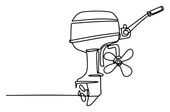 Outboard boat motor continuous line drawing, marine engine for small boat vector illustration in minimal one line art style, motorboat nautical equipment outline