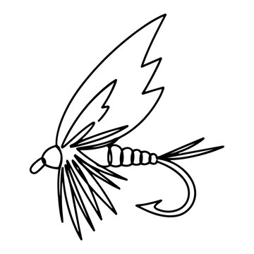 Fishing fly lure continuous line drawing, artificial insect hook for fly fishing vector illustration in minimal one line art style, angling equipment gear outline