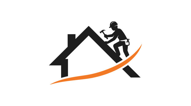 Stylized logo depicting a construction worker on a house roof with a hammer, symbolizing home repair and roofing services.