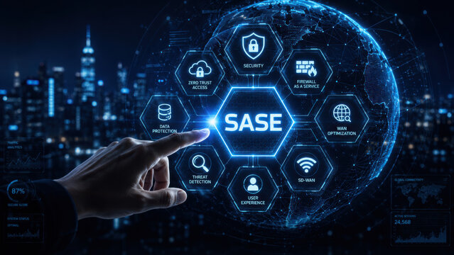 Hand Reaching Toward SASE Concept with Digital Icons Representing Security, Networking, and Communication Over a Global Background. Glyphic.
