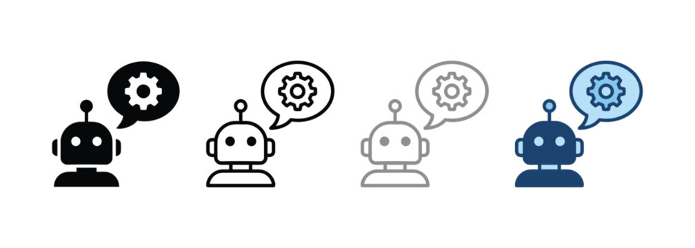 Four robot characters speaking with gear icons in speech bubbles