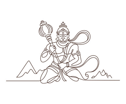 Lord hanuman holding a gada mace, continuous line of hindu deity on white background.