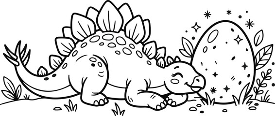 Cute Stegosaurus with dinosaur egg. Coloring page for kids featuring a friendly prehistoric animal. © Md