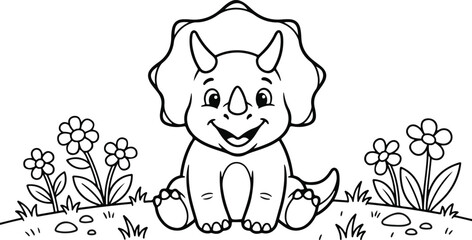 Cute baby triceratops coloring page. Cartoon dinosaur line art for kids activity book. © Md