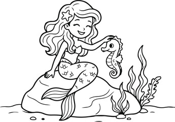 Obraz premium Cute mermaid coloring page for kids. Little sea princess petting a seahorse illustration.