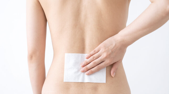 腰痛やぎっくり腰の症状で腰に湿布を貼る女性・辛い腰の痛みの手当て