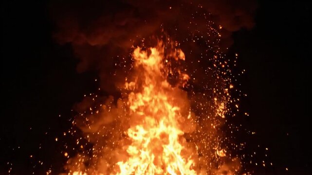Intense fire explosion with debris and dark background